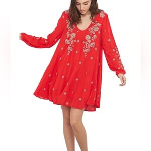 Free People Small Sweet Tenessee Red Mini Dress Pockets Embroidered Boho